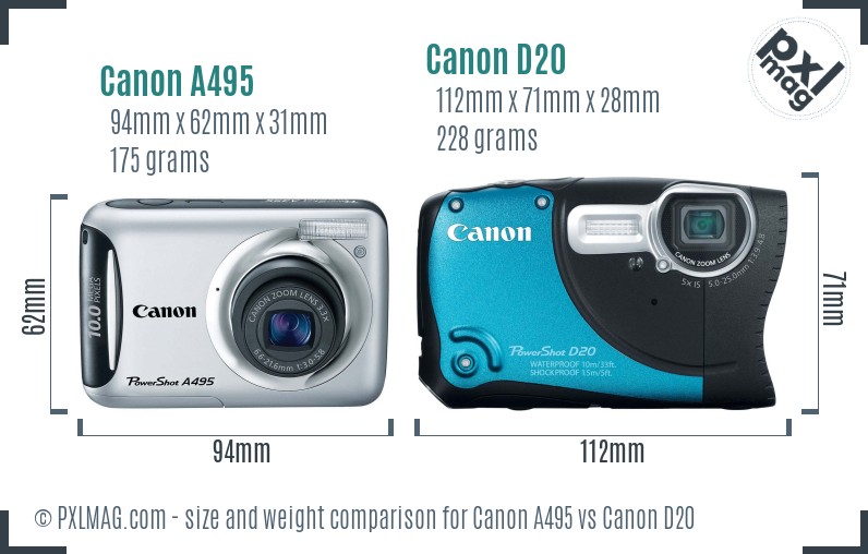 Canon A495 vs Canon D20 size comparison