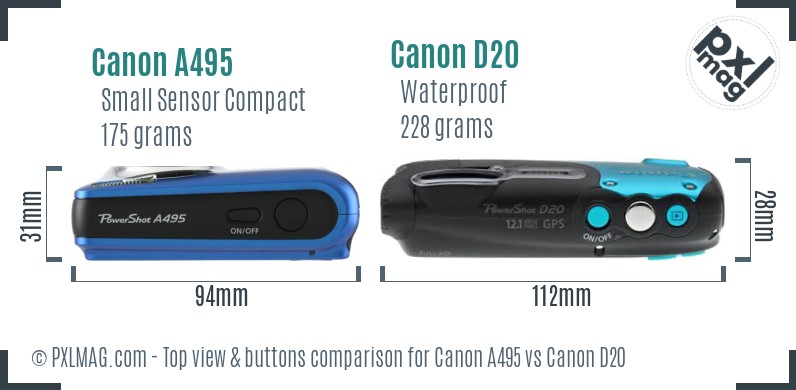 Canon A495 vs Canon D20 top view buttons comparison