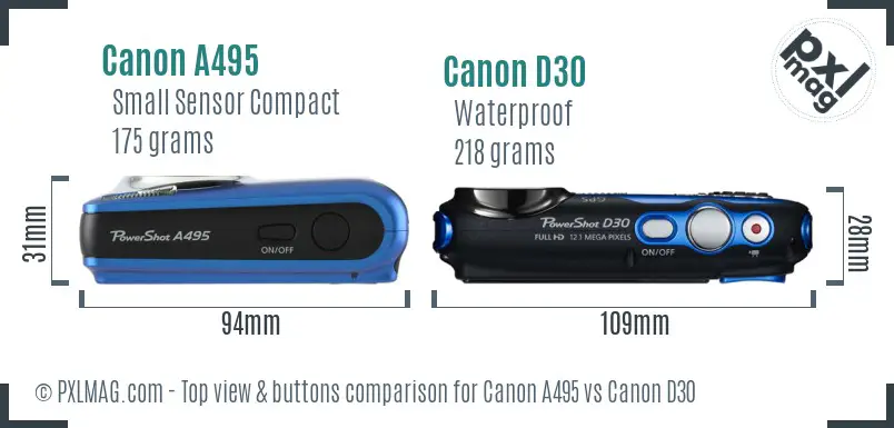 Canon A495 vs Canon D30 top view buttons comparison