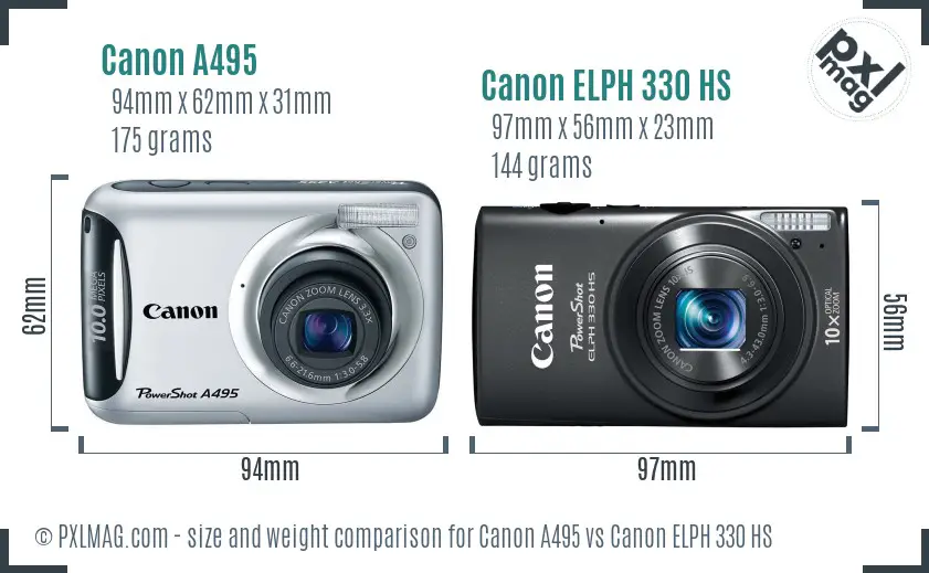 Canon A495 vs Canon ELPH 330 HS size comparison