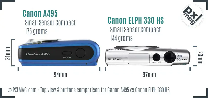 Canon A495 vs Canon ELPH 330 HS top view buttons comparison