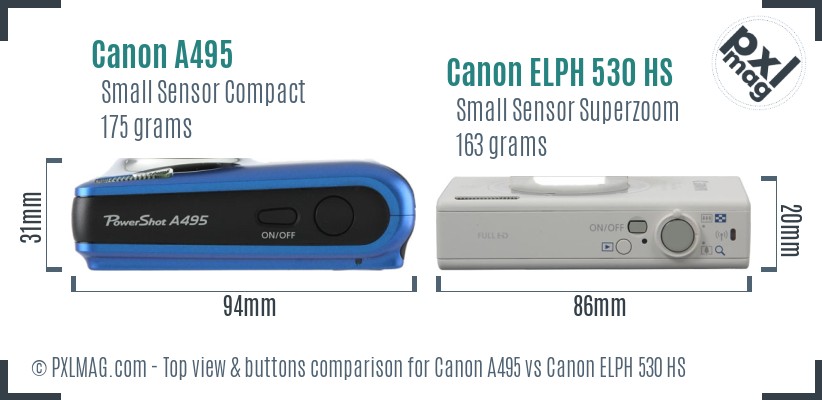 Canon A495 vs Canon ELPH 530 HS top view buttons comparison