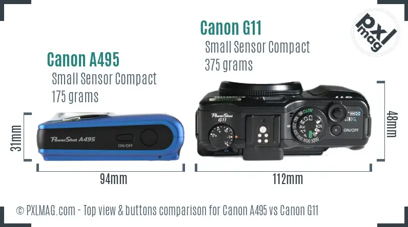 Canon A495 vs Canon G11 top view buttons comparison Canon A495 vs Canon G11 top view buttons comparison