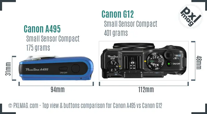 Canon A495 vs Canon G12 top view buttons comparison