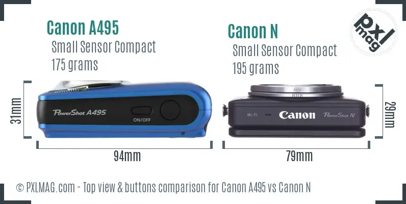 Canon A495 vs Canon N top view buttons comparison Canon A495 vs Canon N top view buttons comparison