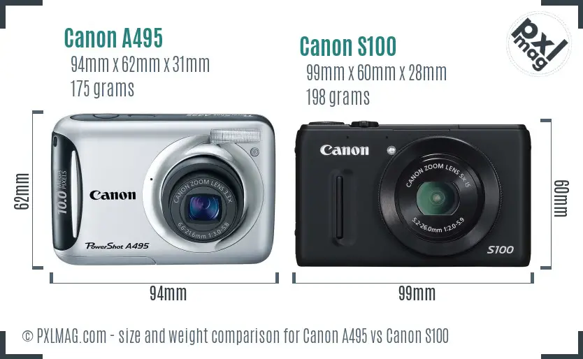Canon A495 vs Canon S100 size comparison