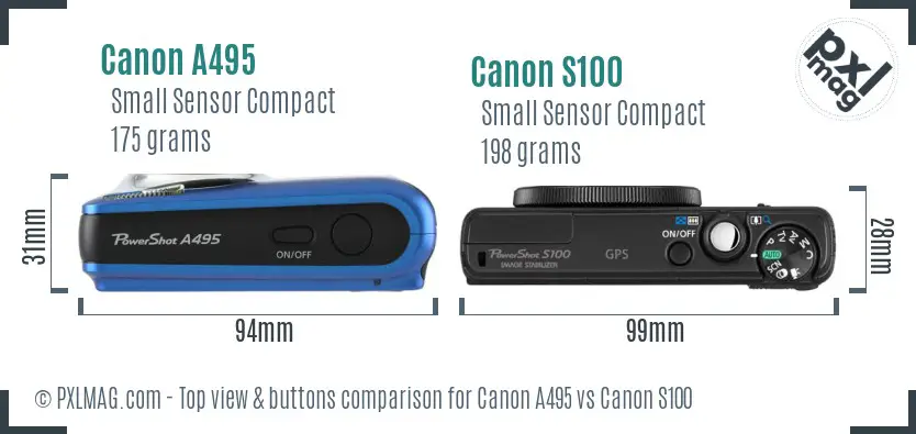 Canon A495 vs Canon S100 top view buttons comparison