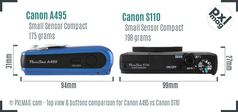 Canon A495 vs Canon S110 top view buttons comparison