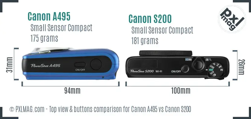 Canon A495 vs Canon S200 top view buttons comparison
