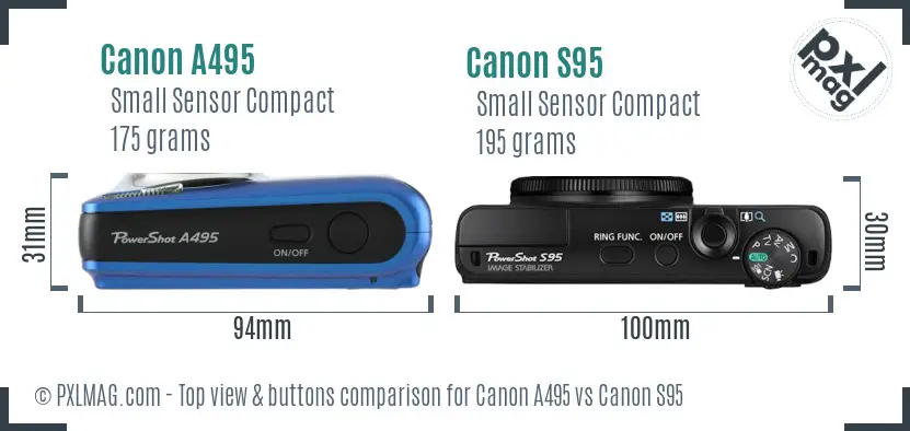 Canon A495 vs Canon S95 top view buttons comparison Canon A495 vs Canon S95 top view buttons comparison