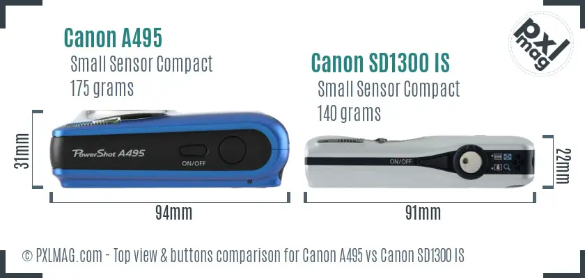 Canon A495 vs Canon SD1300 IS top view buttons comparison