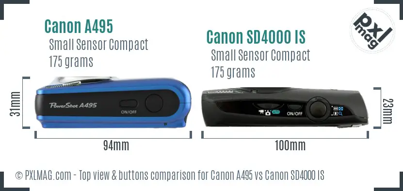 Canon A495 vs Canon SD4000 IS top view buttons comparison Canon A495 vs Canon SD4000 IS top view buttons comparison