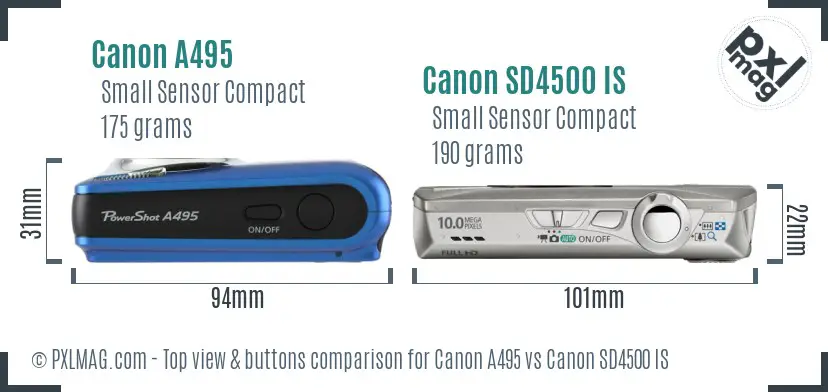 Canon A495 vs Canon SD4500 IS top view buttons comparison