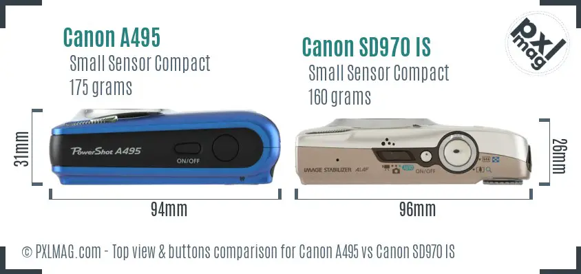 Canon A495 vs Canon SD970 IS top view buttons comparison Canon A495 vs Canon SD970 IS top view buttons comparison