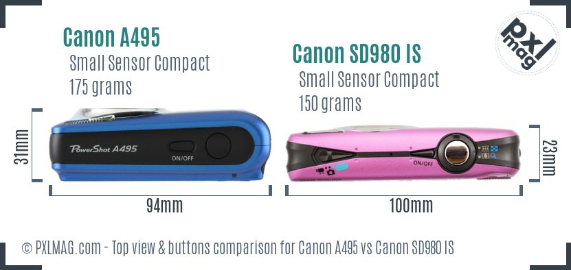 Canon A495 vs Canon SD980 IS top view buttons comparison