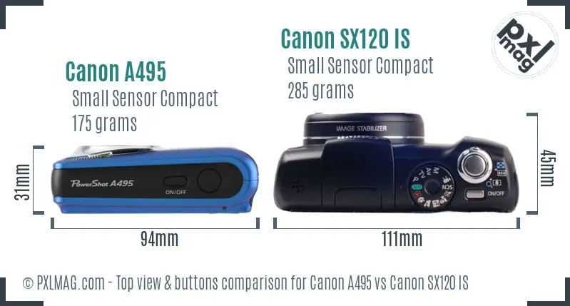 Canon A495 vs Canon SX120 IS top view buttons comparison