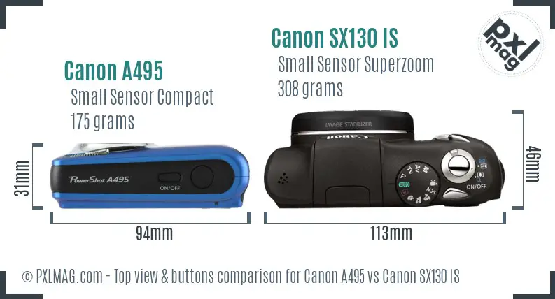 Canon A495 vs Canon SX130 IS top view buttons comparison