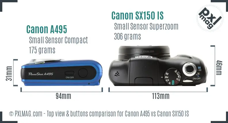 Canon A495 vs Canon SX150 IS top view buttons comparison Canon A495 vs Canon SX150 IS top view buttons comparison