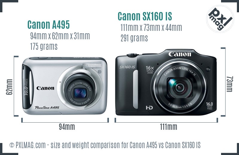 Canon A495 vs Canon SX160 IS size comparison