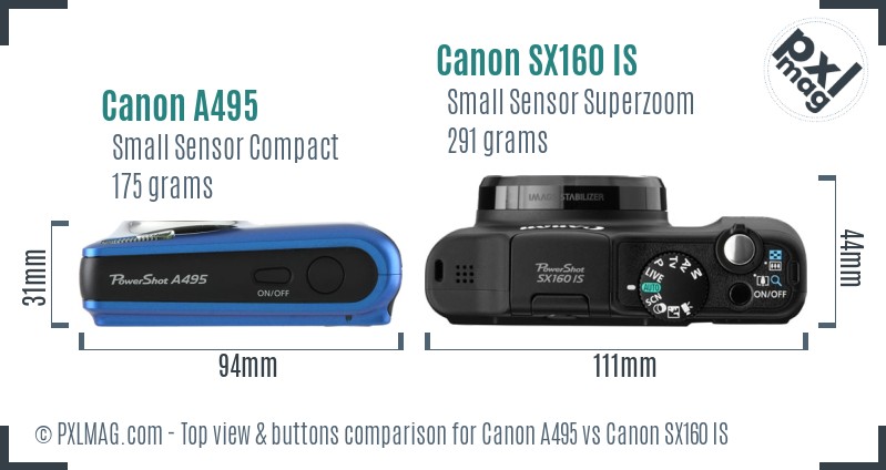 Canon A495 vs Canon SX160 IS top view buttons comparison
