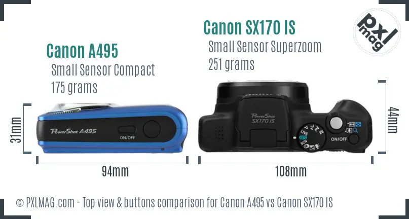 Canon A495 vs Canon SX170 IS top view buttons comparison