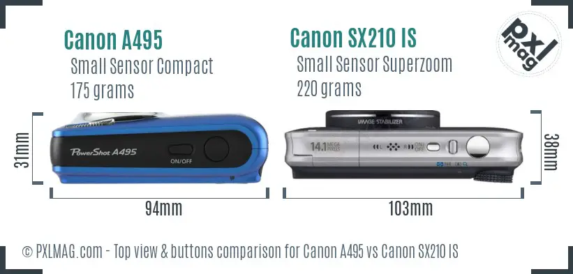 Canon A495 vs Canon SX210 IS top view buttons comparison
