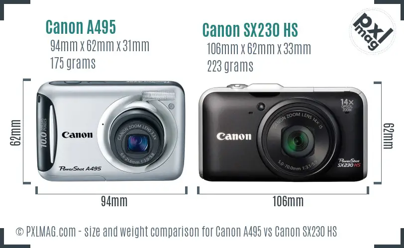 Canon A495 vs Canon SX230 HS size comparison