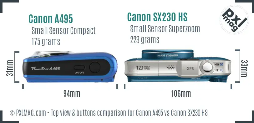 Canon A495 vs Canon SX230 HS top view buttons comparison