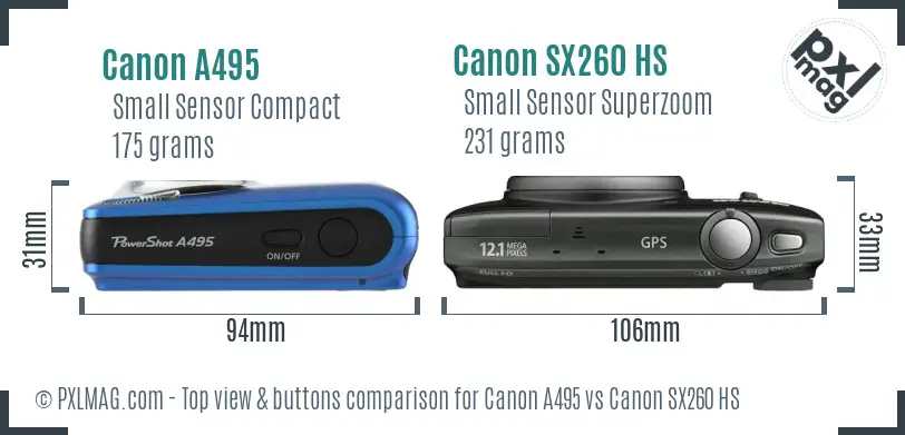 Canon A495 vs Canon SX260 HS top view buttons comparison Canon A495 vs Canon SX260 HS top view buttons comparison