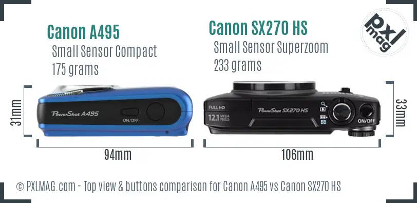 Canon A495 vs Canon SX270 HS top view buttons comparison