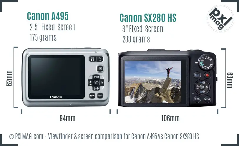 Canon A495 vs Canon SX280 HS Screen and Viewfinder comparison