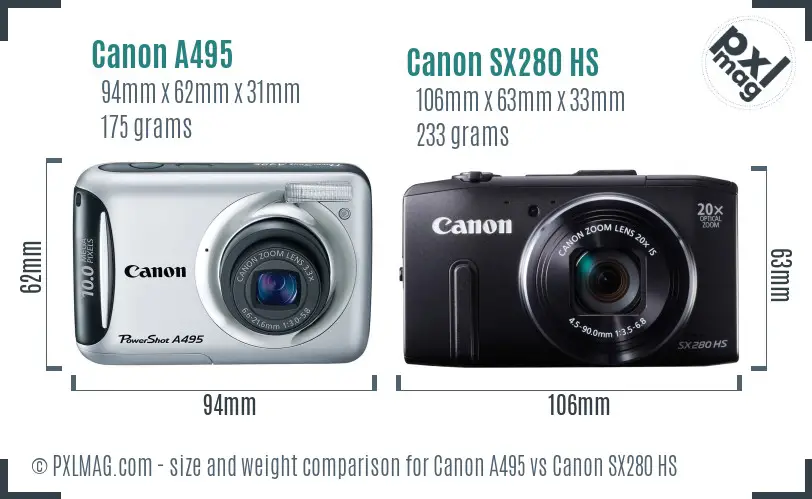 Canon A495 vs Canon SX280 HS size comparison