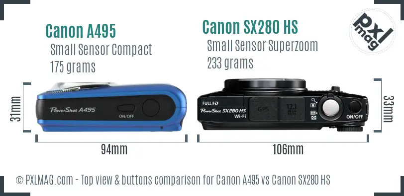 Canon A495 vs Canon SX280 HS top view buttons comparison