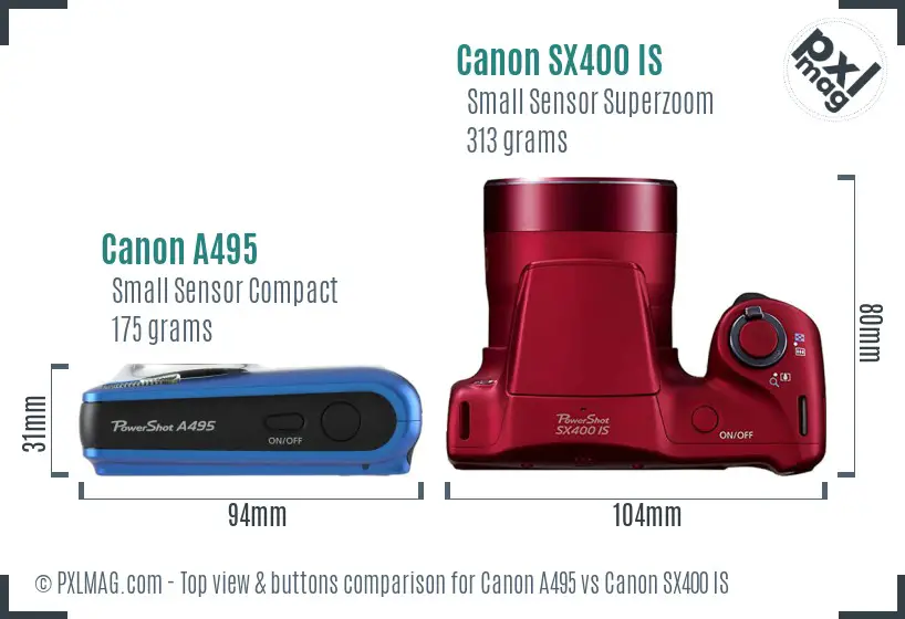 Canon A495 vs Canon SX400 IS top view buttons comparison Canon A495 vs Canon SX400 IS top view buttons comparison