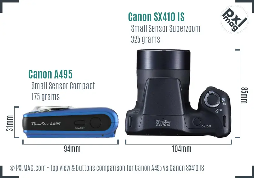 Canon A495 vs Canon SX410 IS top view buttons comparison