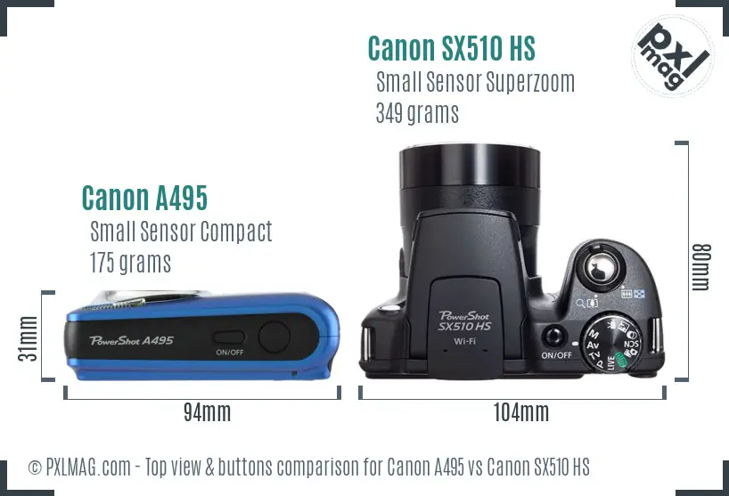 Canon A495 vs Canon SX510 HS top view buttons comparison