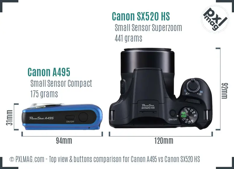 Canon A495 vs Canon SX520 HS top view buttons comparison