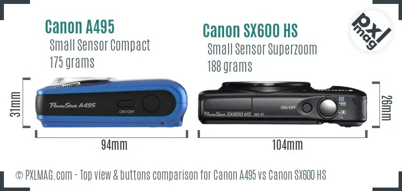 Canon A495 vs Canon SX600 HS top view buttons comparison