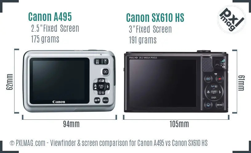 Canon A495 vs Canon SX610 HS Screen and Viewfinder comparison