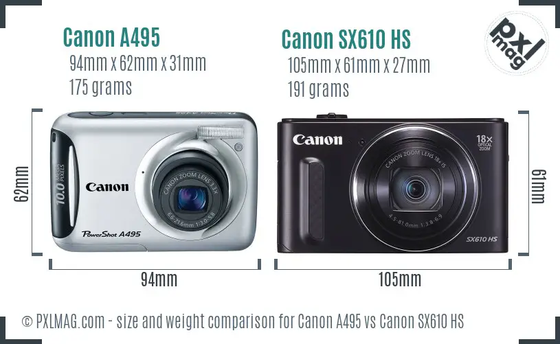 Canon A495 vs Canon SX610 HS size comparison