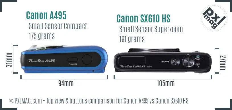 Canon A495 vs Canon SX610 HS top view buttons comparison