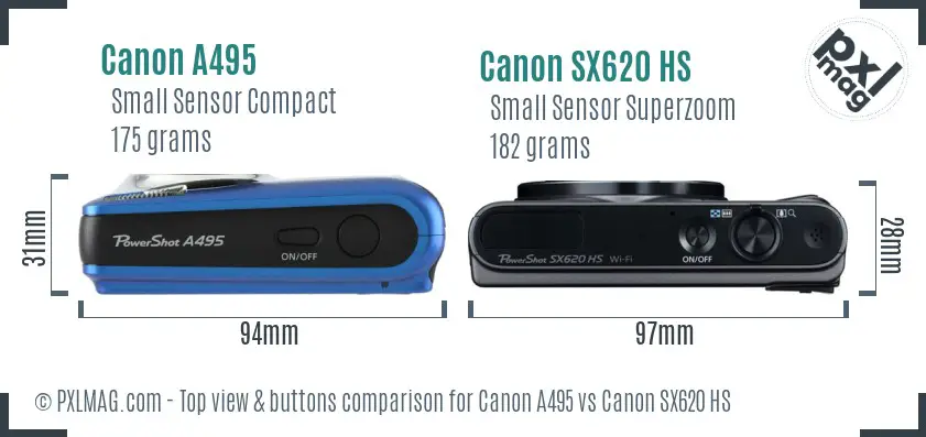 Canon A495 vs Canon SX620 HS top view buttons comparison Canon A495 vs Canon SX620 HS top view buttons comparison