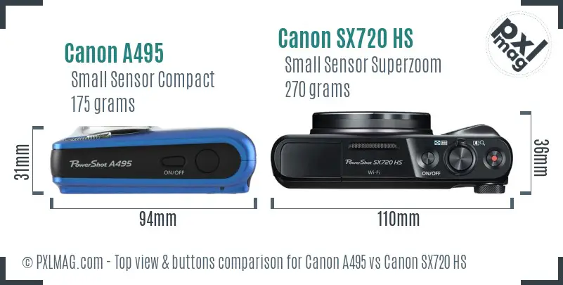 Canon A495 vs Canon SX720 HS top view buttons comparison