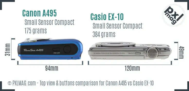 Canon A495 vs Casio EX-10 top view buttons comparison
