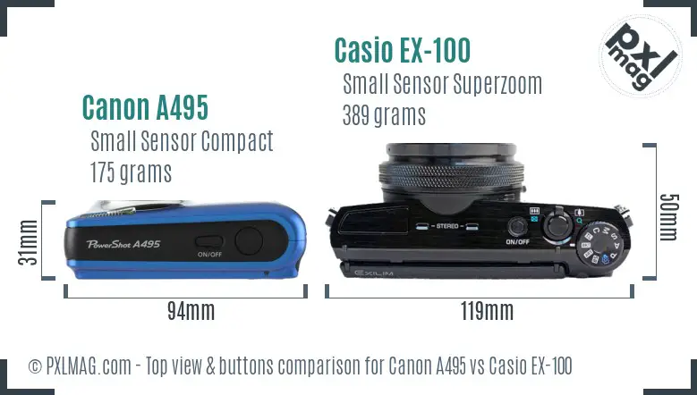 Canon A495 vs Casio EX-100 top view buttons comparison Canon A495 vs Casio EX-100 top view buttons comparison