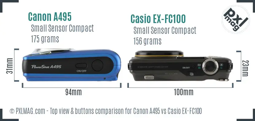 Canon A495 vs Casio EX-FC100 top view buttons comparison