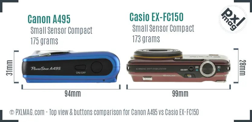 Canon A495 vs Casio EX-FC150 top view buttons comparison Canon A495 vs Casio EX-FC150 top view buttons comparison