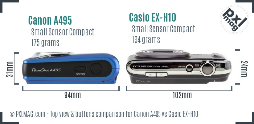 Canon A495 vs Casio EX-H10 top view buttons comparison