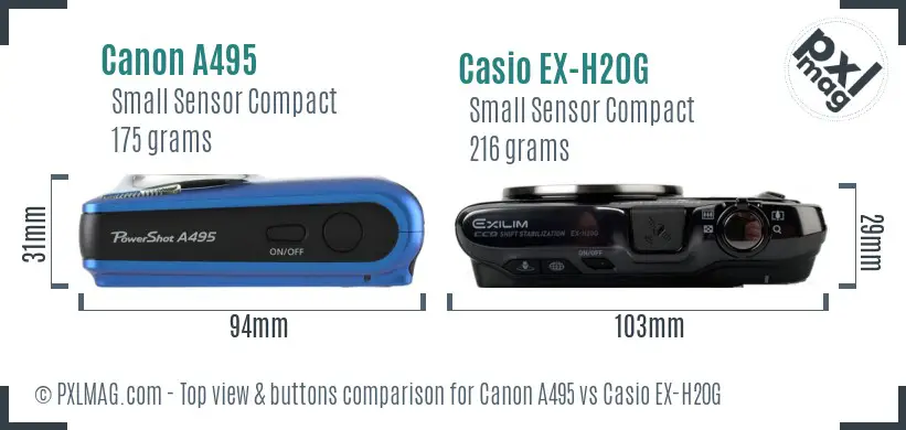 Canon A495 vs Casio EX-H20G top view buttons comparison Canon A495 vs Casio EX-H20G top view buttons comparison