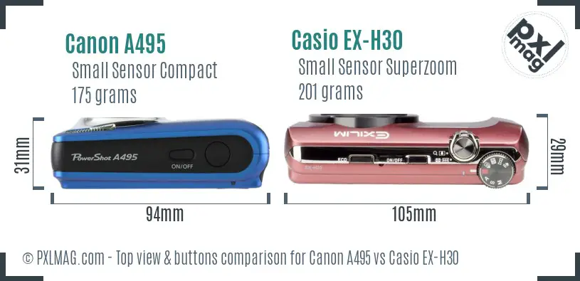 Canon A495 vs Casio EX-H30 top view buttons comparison